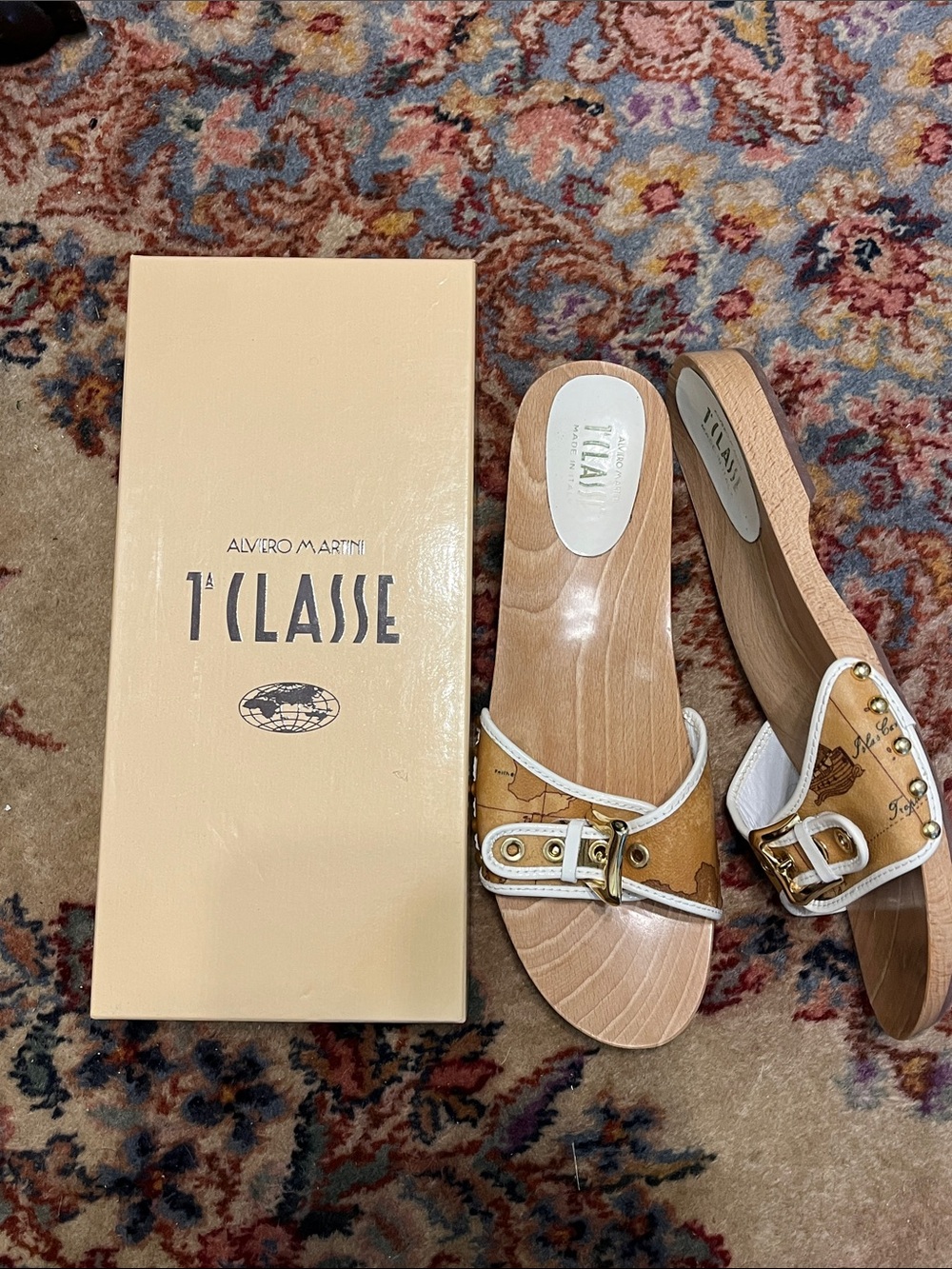 Alviero Martini Tan Map-Print Slide Mules with White Trim